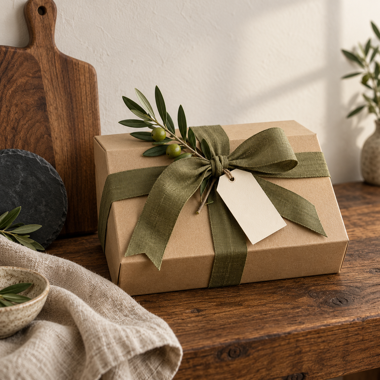 A thoughtful gift wrapped in kraft paper and olive ribbon